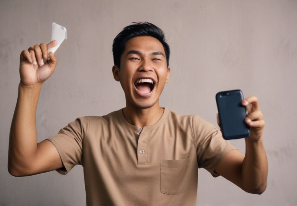 An Indonesian man cheers joyfully, holding his smartphone aloft with a triumphant expression, suggesting a winning moment in online gaming or sports betting.