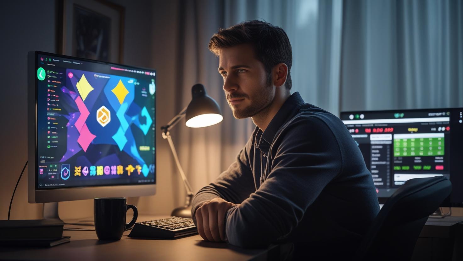Man focused on slot game and sports odds with calm, serious expression.