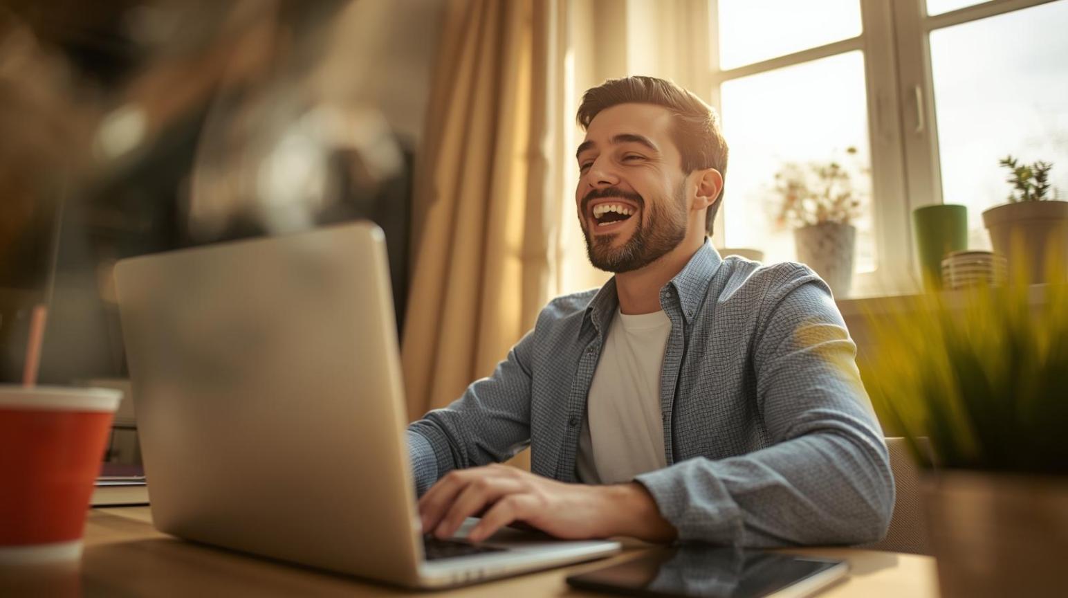 Happy man celebrating online betting win while using laptop in bright home office.