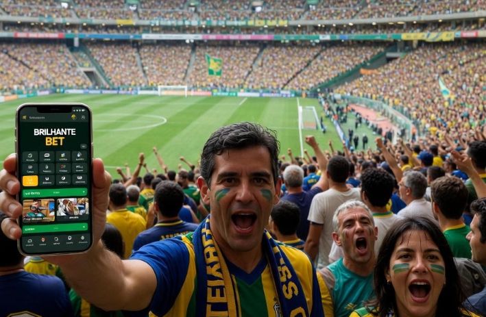 football stadium filled with fans, smartphone displaying Brilhante Bet app interface
